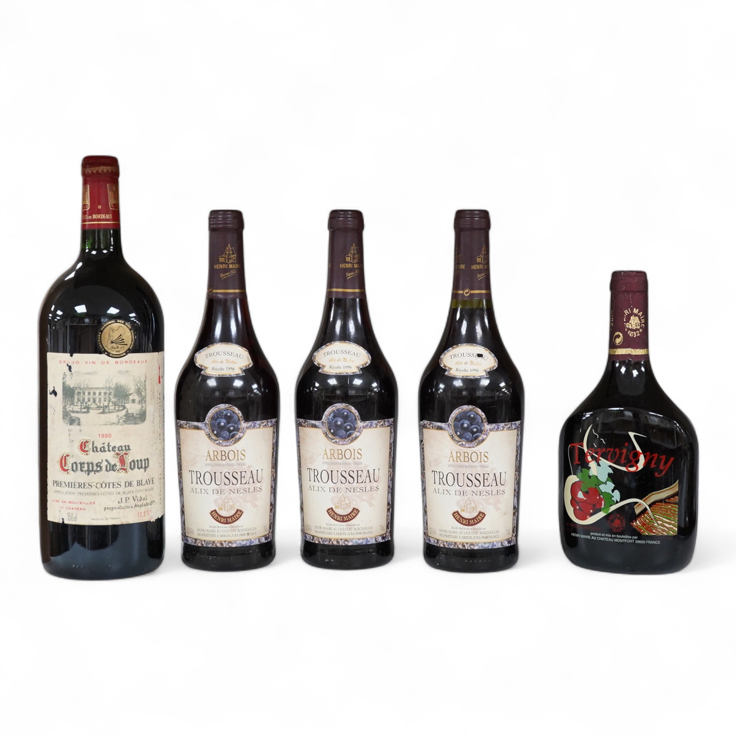 Five bottles: including a bottle of Chateau Corps de Loup, premieres cote de Blaye 1990